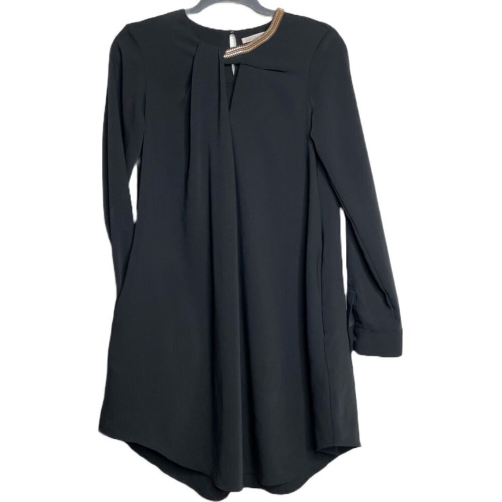 RACHEL ROY Black Long Sleeve Dress Gold Chain Detail Neckline Side Pockets Sz S